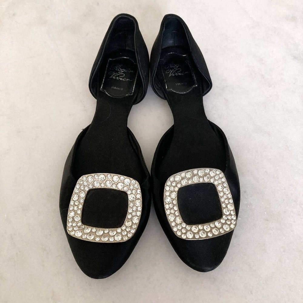 Roger Vivier D'Orsay ballet flat shoes (black, silver buckles & crystals) size 5